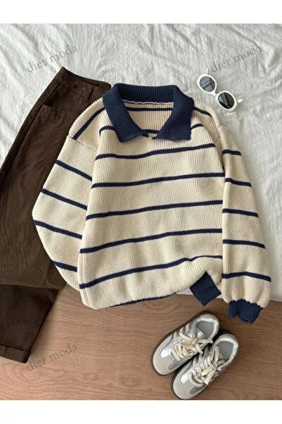 Ekru Lacivert Selanik Örgü Polo Yaka Oversize Triko Kazak, Kadın Kazak