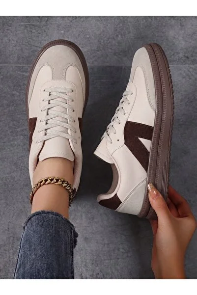 Kadın Sneaker Yüksek Taban Ortopedik Bağcıklı Spor Ayakkabı Retro Bej-011